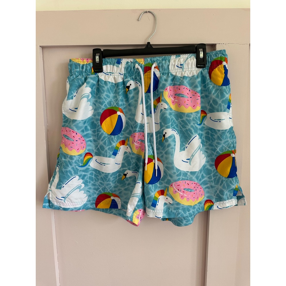George Mens Blue Pool Float Print Swim Trunks Unicorn Swan Donut Size Large